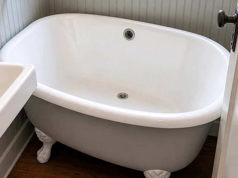Refinished white clawfoot tub with a coated exterior in a Hayward Highlands bathroom, Hayward, CA