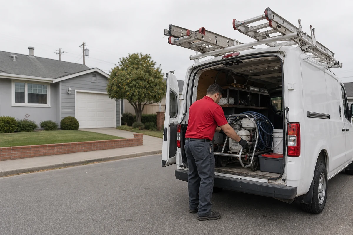 Refinishing technician loading a spray rig from a work van outside a Hayward, CA home