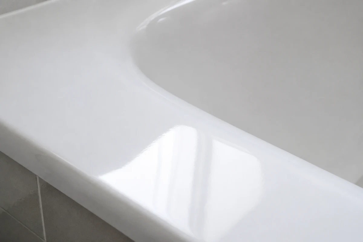 Close-up of a repaired and refinished tub surface with no visible chip in a Hayward bathroom, Hayward, CA