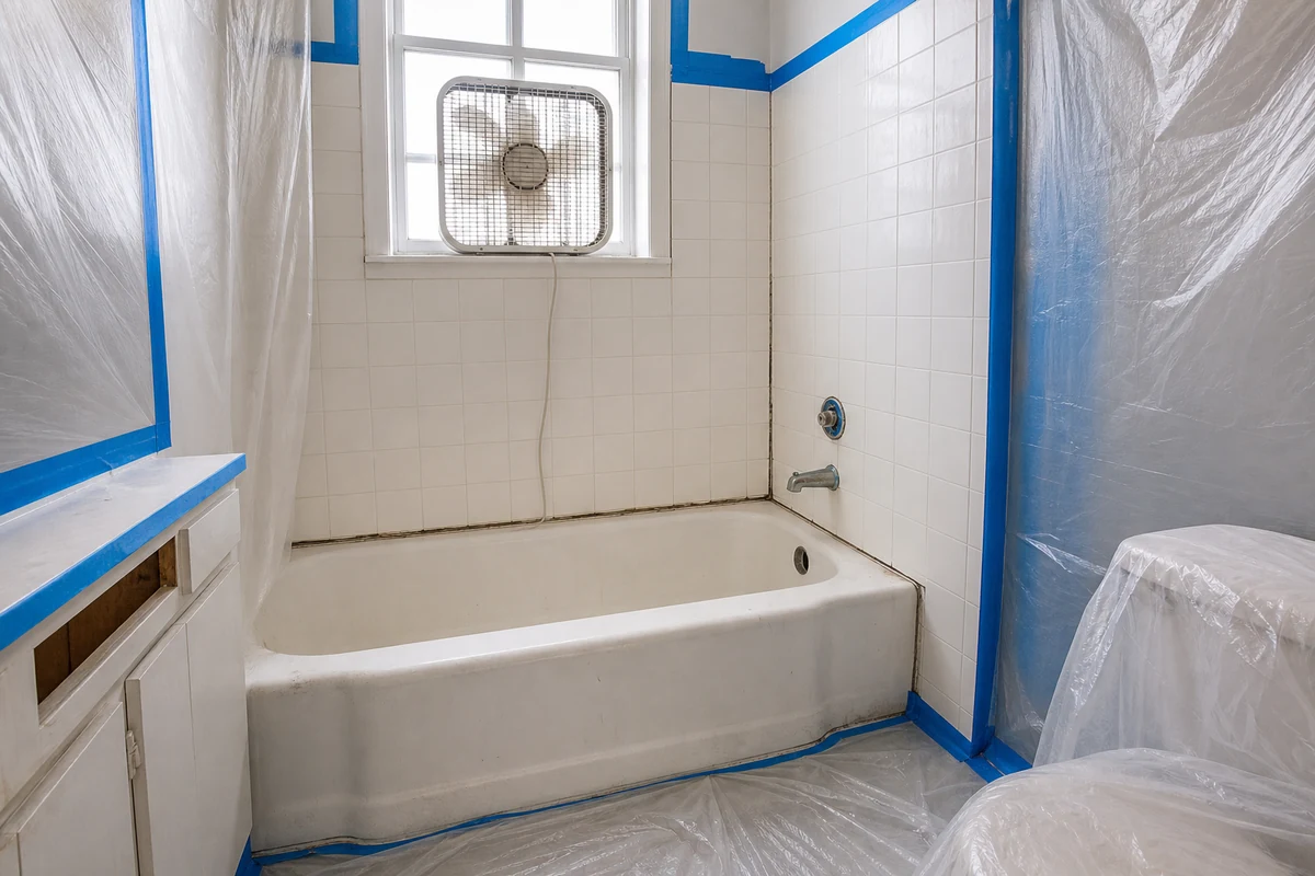 A peeling roll-on DIY tub finish next to a smooth sprayed acrylic-urethane finish in a Hayward, CA bathroom