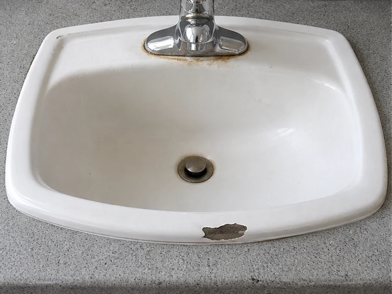 Chipped porcelain bathroom sink with a rust ring in a Mt. Eden bungalow before reglazing, Hayward